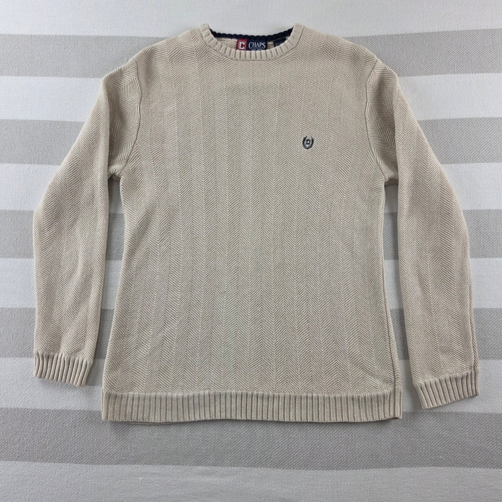 Chaps Mens Medium Beige Herringbone Cotton Crewneck Sweater C22943
